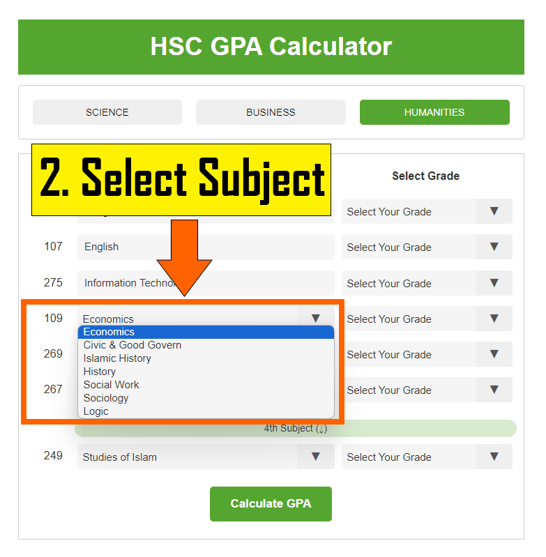 2nd Step: HSC GPA Calculation Process