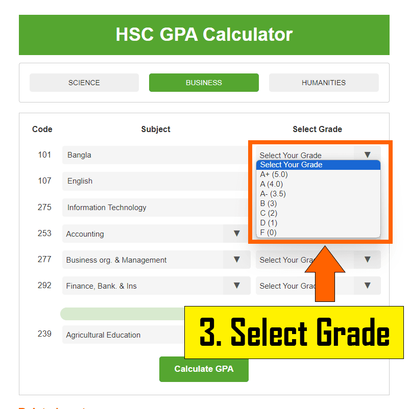 3rd Step: HSC GPA Calculation Process
